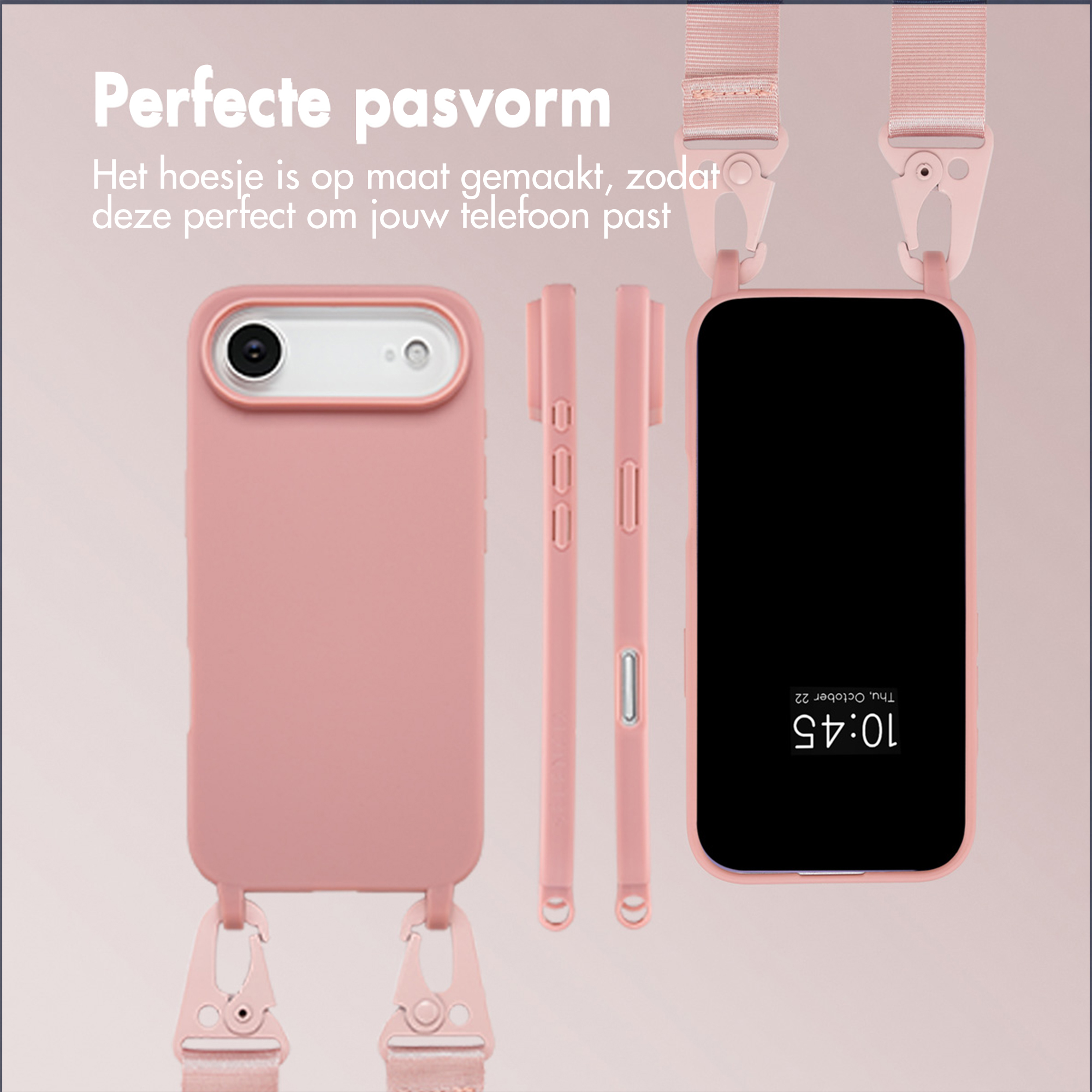 Custodia rosa per telefono con cinturino, che mostra lo schermo del telefono con l'ora 10:45. Sfondo rosa con testo 'Perfecte pasvorm'.