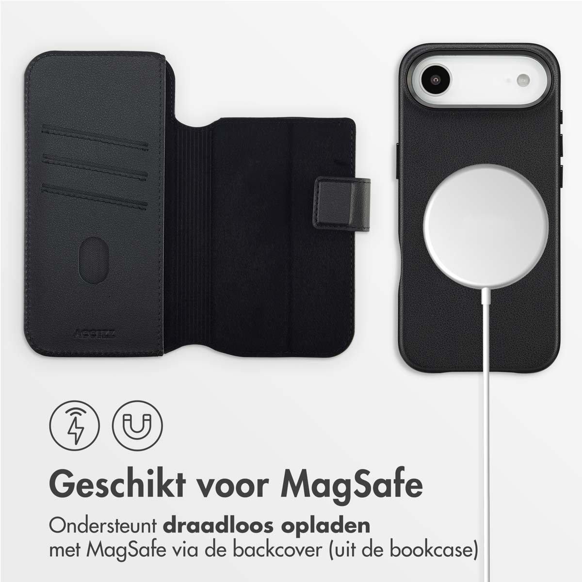 Custodia per telefono nera e custodia a portafoglio. Caricatore wireless bianco collegato alla custodia. Il testo recita: Adatto per MagSafe.
