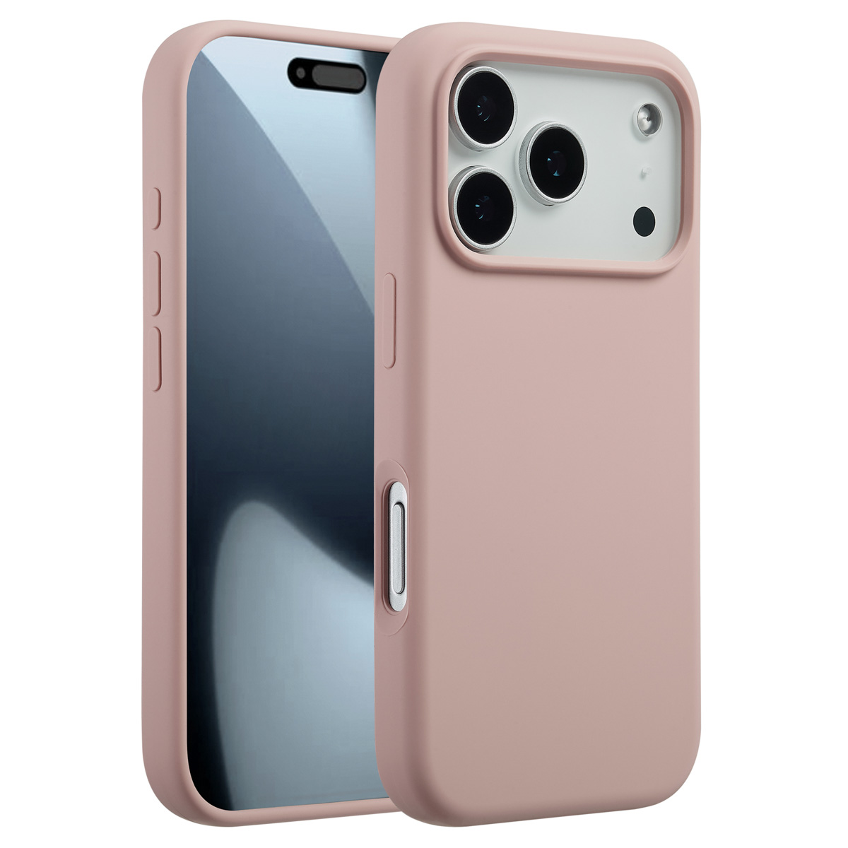 Een roze telefoonhoesje, met een telefoon erin. De hoes heeft een camerabult en uitsparingen voor knoppen. Het scherm van de telefoon is zichtbaar.