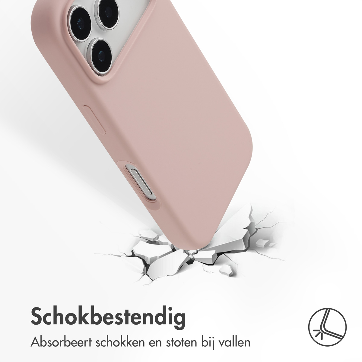 Een roze telefoonhoes valt en barst de grond. De hoes heeft cameragaten en een knop. Tekst luidt 'Schokbestendig'.