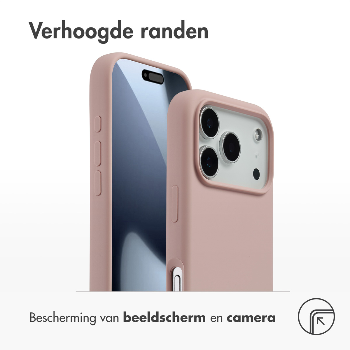 Twee roze telefoonhoesjes, één met de telefoon erin. De tekst hierboven luidt 'Verhoogde randen' en hieronder 'Bescherming van beeldscherm en camera'.