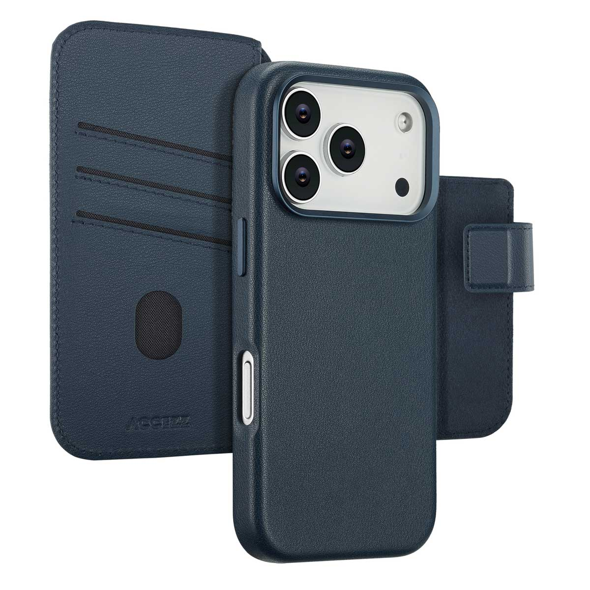 Een blauwe telefoonhoes met kaartsleuven en een magnetische sluiting. De hoes is open en onthult de cameralenzen van de telefoon. Het merk ACCEZ is zichtbaar.