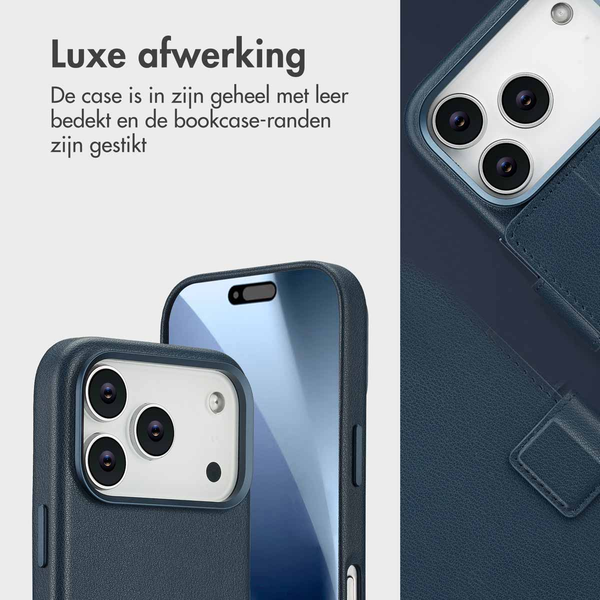 Close-up van een blauwe leren telefoonhoes met een iPhone erin. De hoes heeft gestikte randen en een premium afwerking.