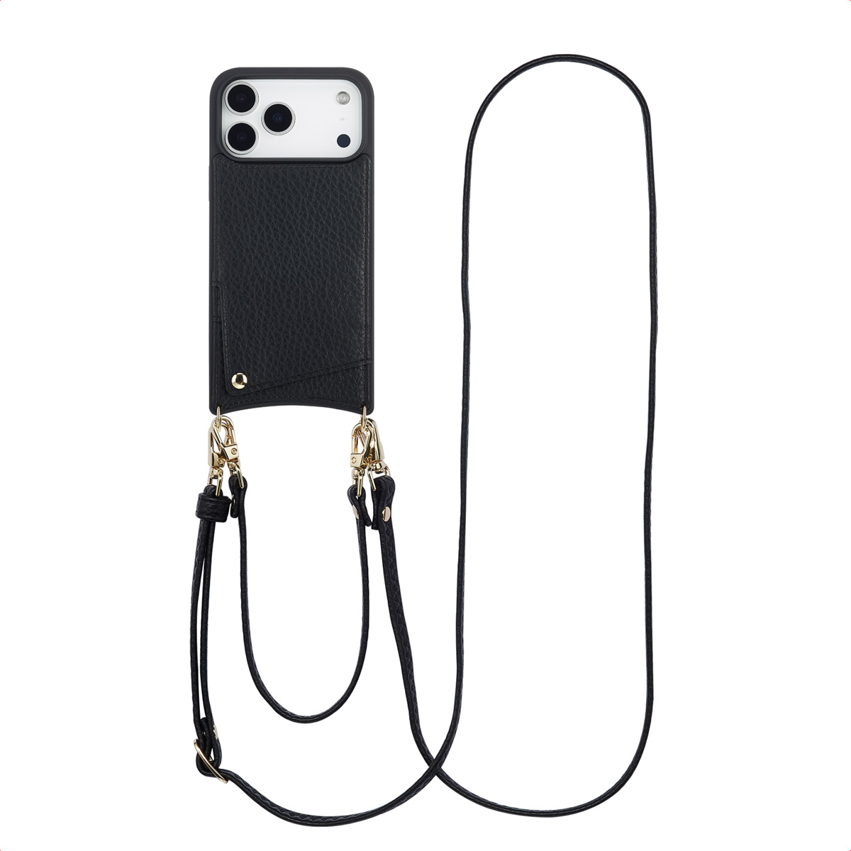 Coque de téléphone noire avec fermoirs dorés et une longue sangle noire. Le téléphone a des objectifs de caméra. Fond blanc.