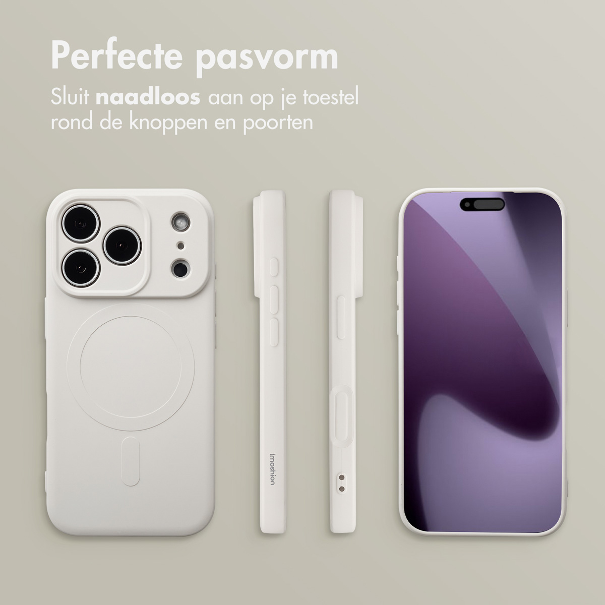 Coque de téléphone blanche et protecteur d'écran, ainsi que la vue latérale du téléphone. Le fond est gris clair.