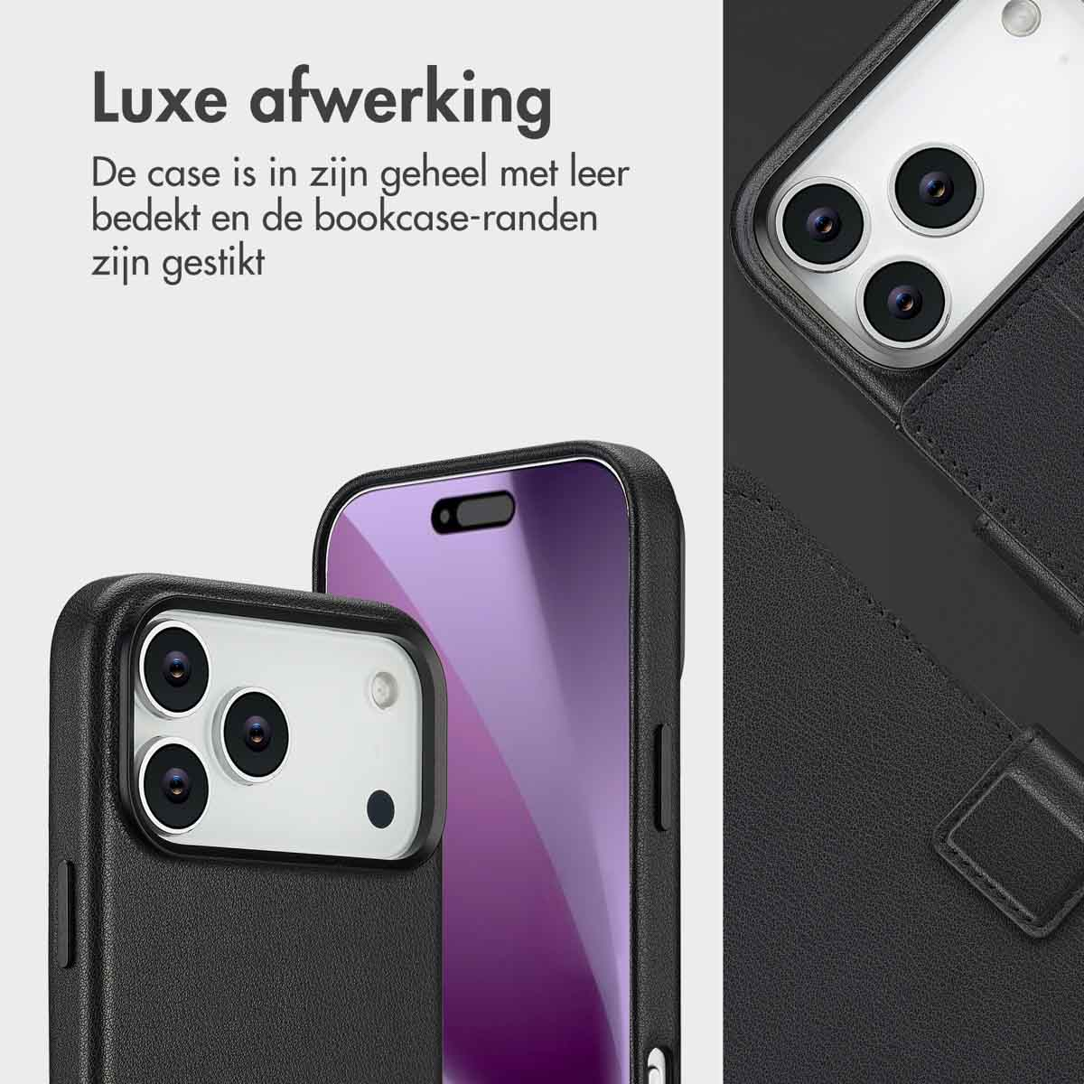 Close-up van twee zwarte telefoonhoesjes met een telefoon erin, tekst op de achtergrond beschrijft de luxe afwerking.