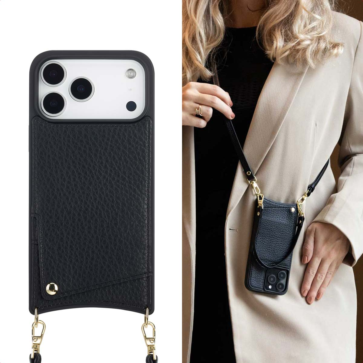 Une femme tient un étui de téléphone en cuir noir avec une sangle. L'étui est fixé à un téléphone. Elle porte un blazer.
