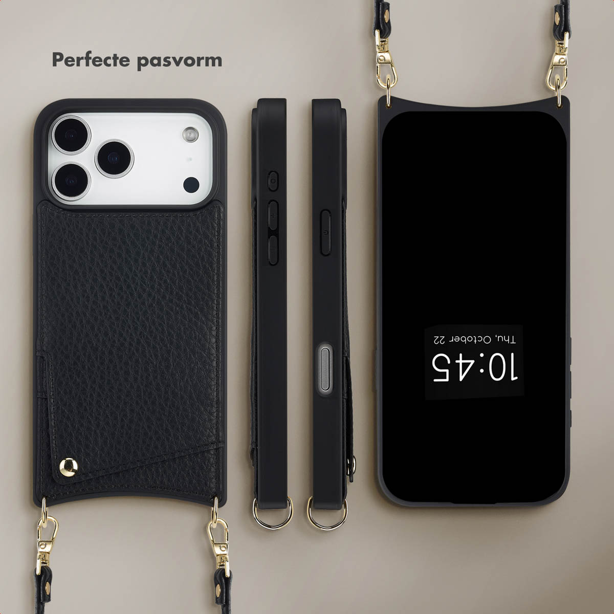 Étuis de téléphone noirs, un avec portefeuille, affichés avec un téléphone indiquant l'heure. Fermoirs dorés et sangles noires visibles.