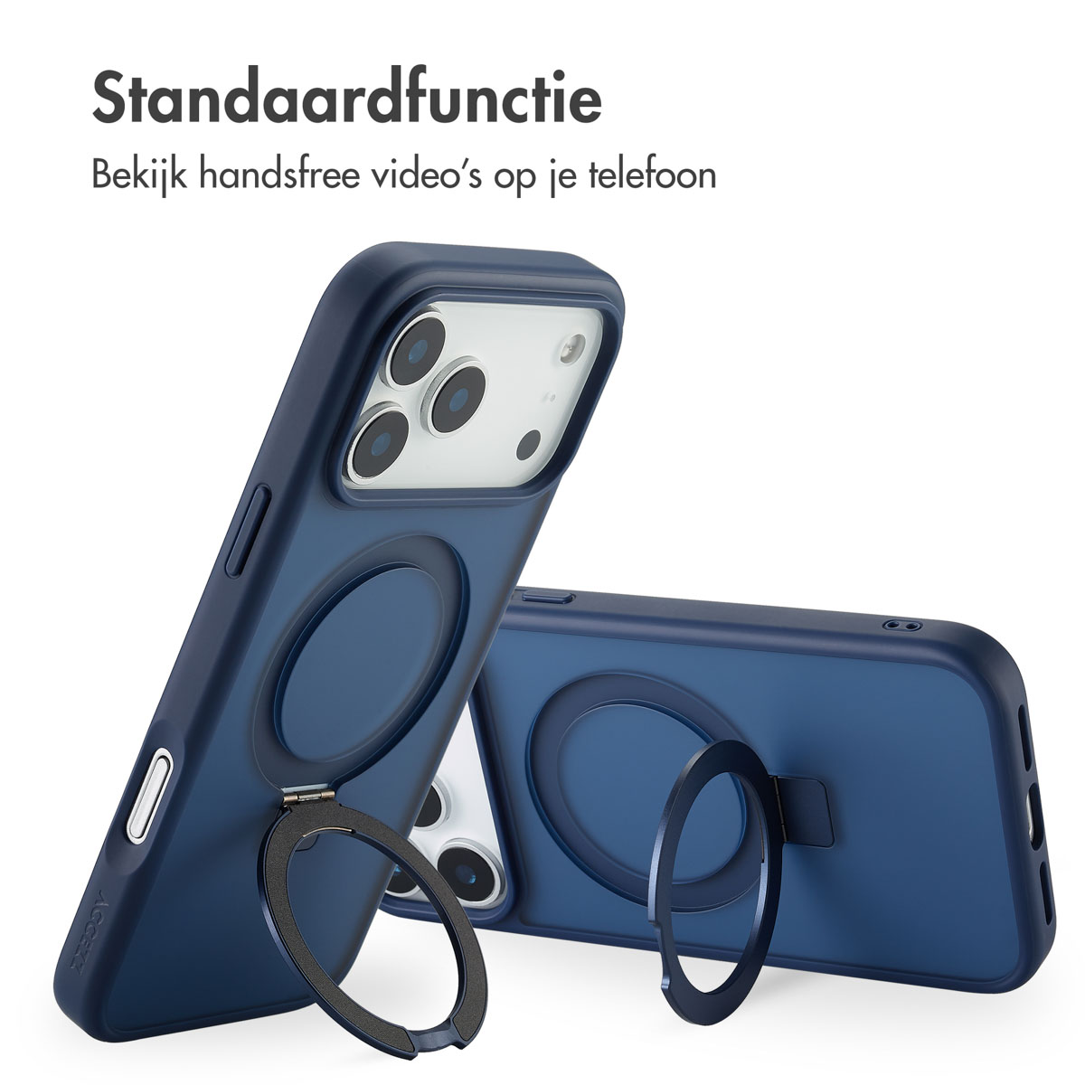 Twee blauwe telefoonhoesjes met ringhouders worden getoond, één rechtop en de andere liggend. Tekst bovenaan luidt 'Standaardfunctie'.