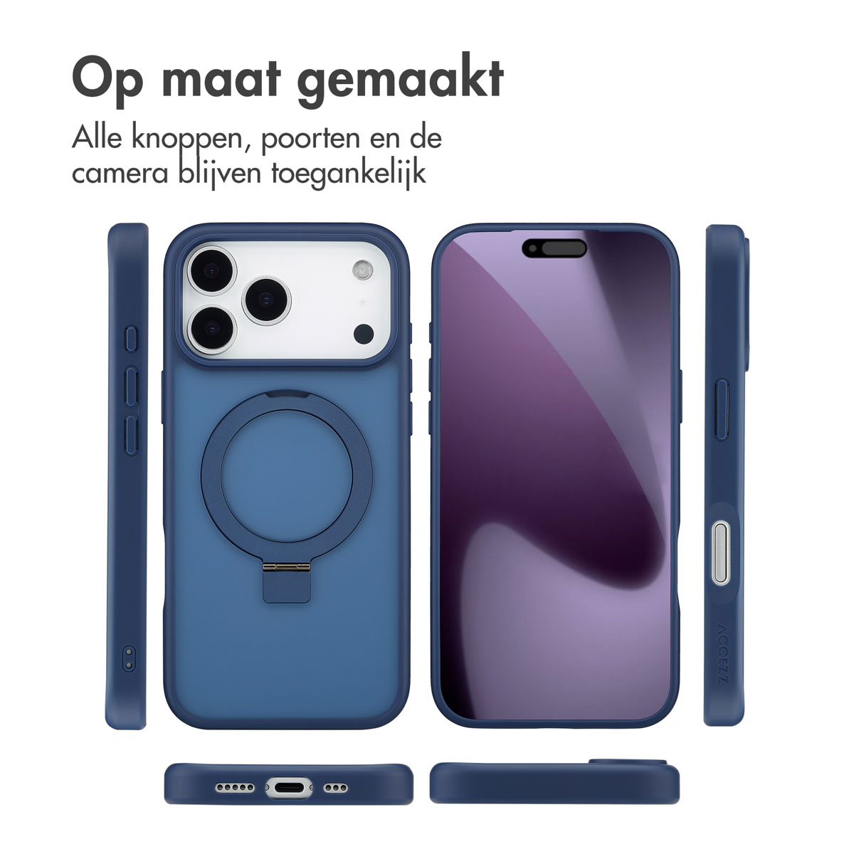 Blauwe telefoonhoesjesset met meerdere weergaven. Inclusief de hoes, screenprotector en zijaanzichten. Het ontwerp is voor toegankelijkheid.