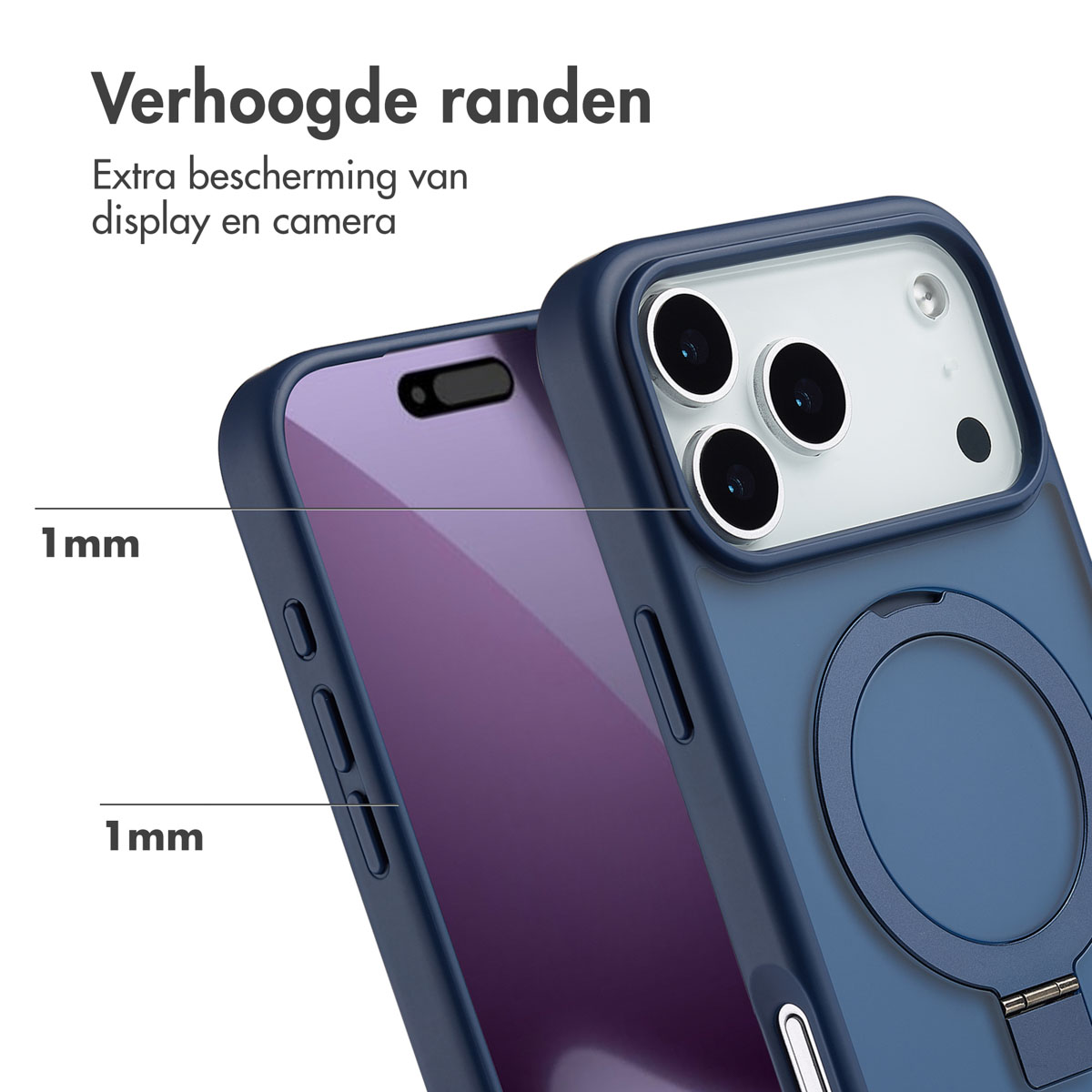 Close-up van een blauwe telefoonhoes met ringhouder. Tekst zegt 'Verhoogde randen', wat 'Verhoogde randen' betekent.