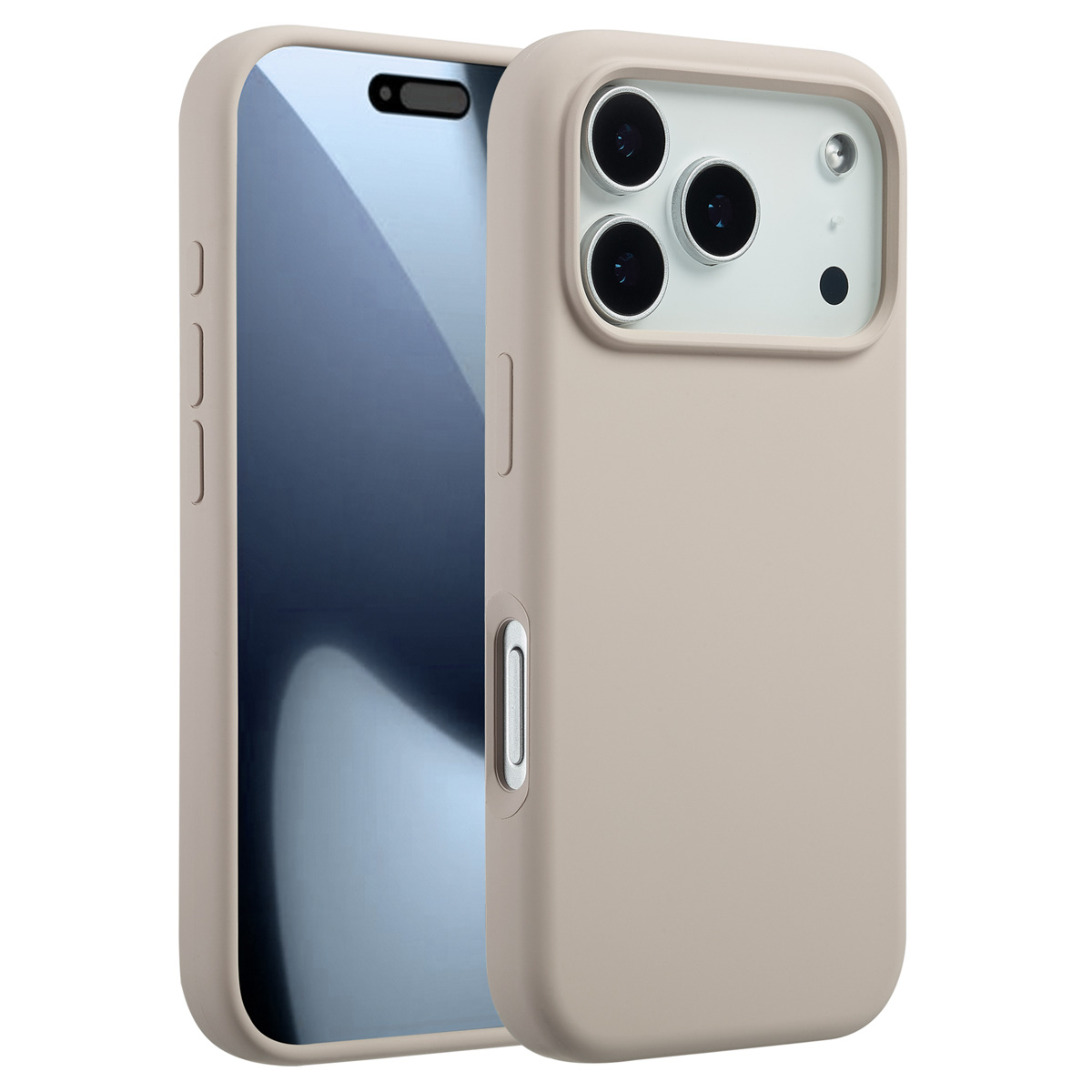 Une coque de téléphone beige avec un téléphone à l'intérieur. L'écran du téléphone est visible. La coque a des découpes pour l'appareil photo et les boutons de volume.