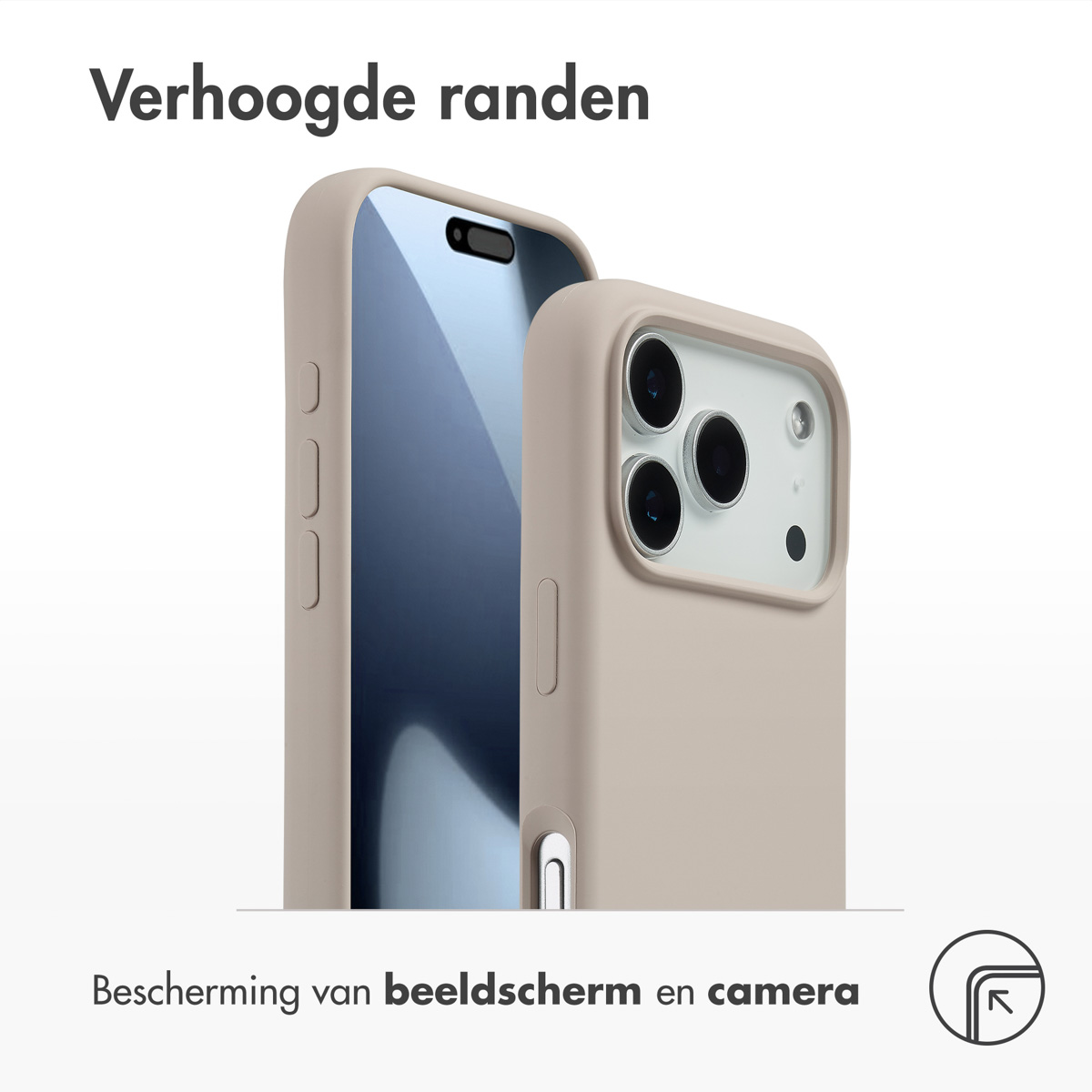 Deux coques de téléphone beiges, une avec écran et l'autre avec caméra. Le texte en haut dit 'Bords surélevés'.