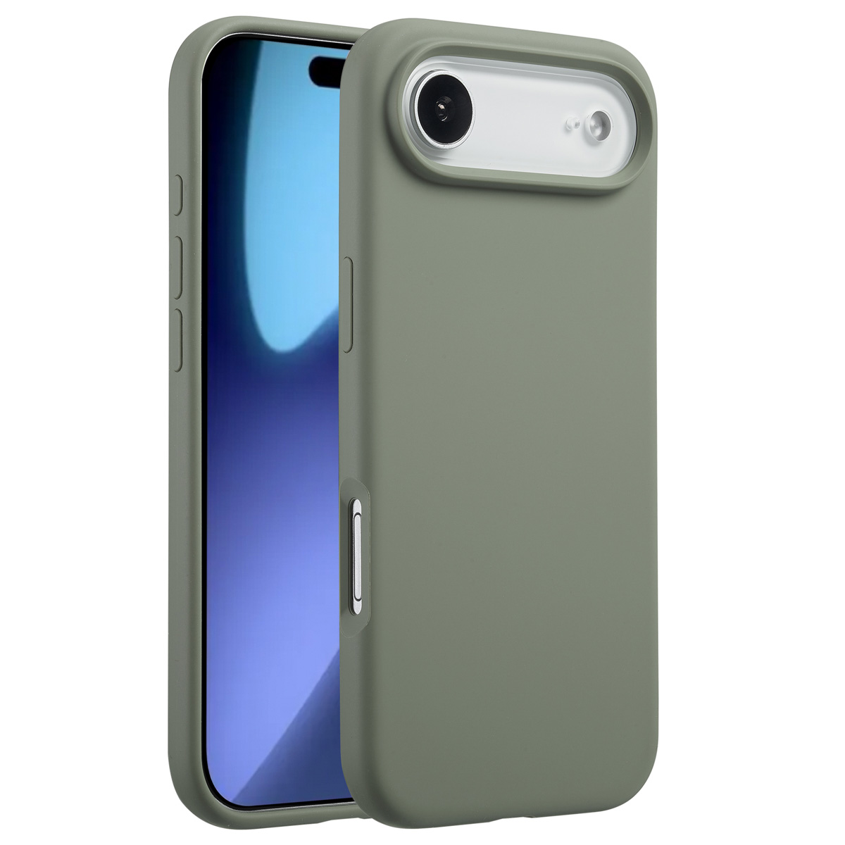 Een groene telefoonhoes met een telefoon erin. De hoes heeft een uitsparing voor de camera en knoppen aan de zijkant. Het scherm is zichtbaar.