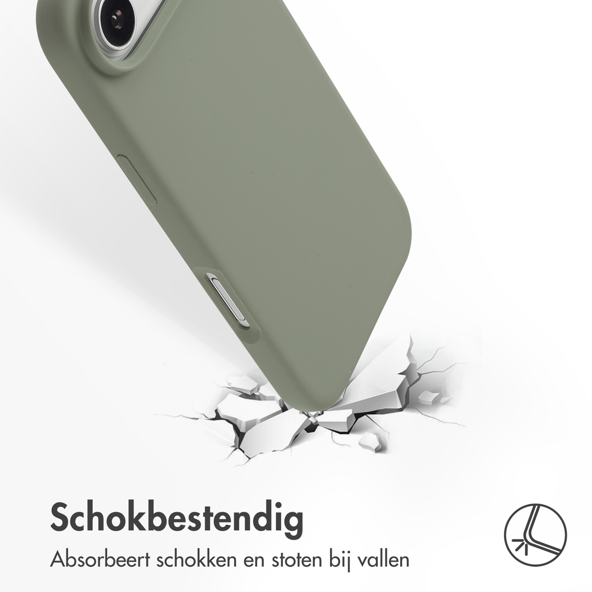 Groene telefoonhoes die op een wit oppervlak valt en het breekt. Tekst: 'Schokbestendig'.