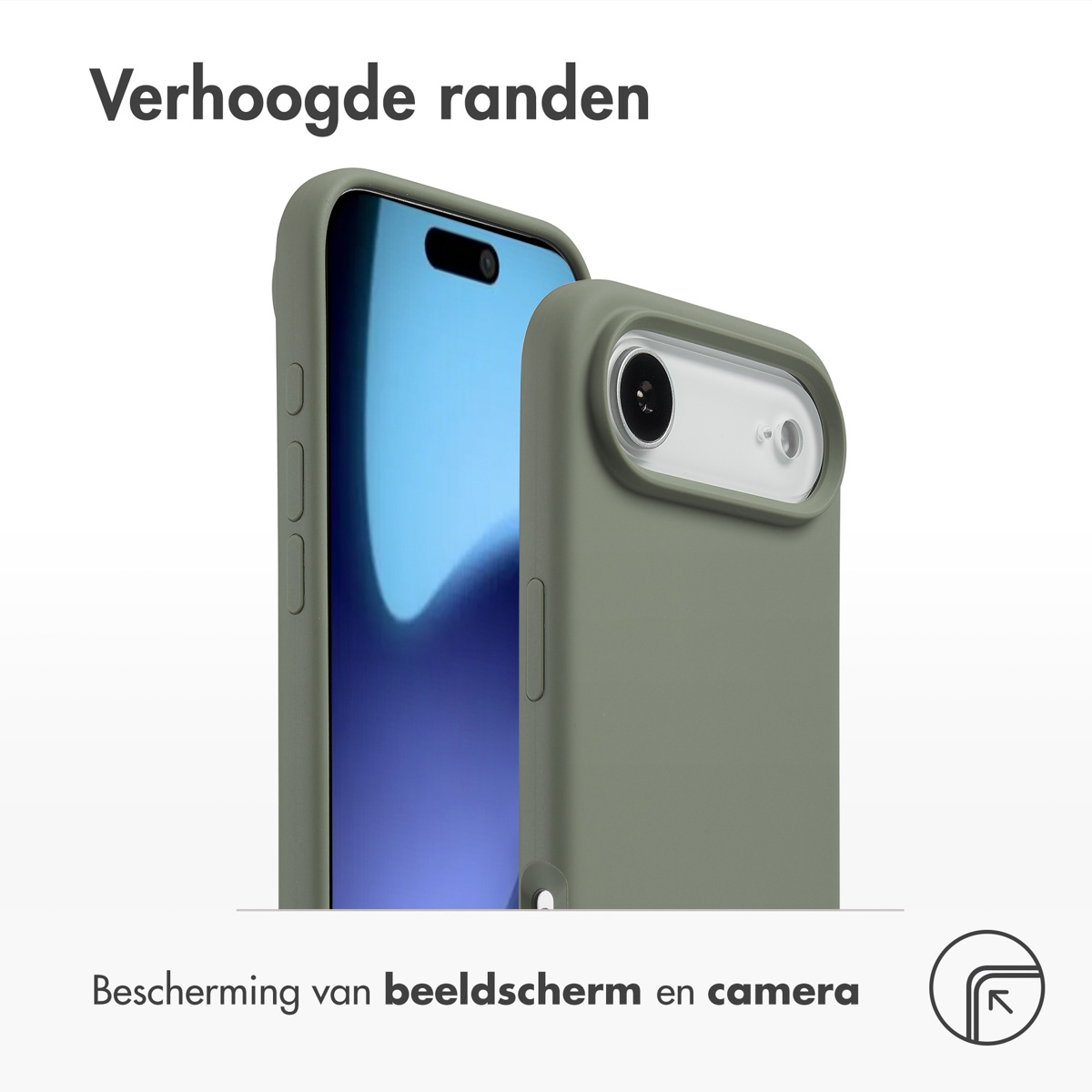 Een olijfgroene telefoonhoes beschermt een telefoon met een blauw scherm. Boven staat 'Verhoogde randen', onder: 'Scherm- en camerabescherming'.