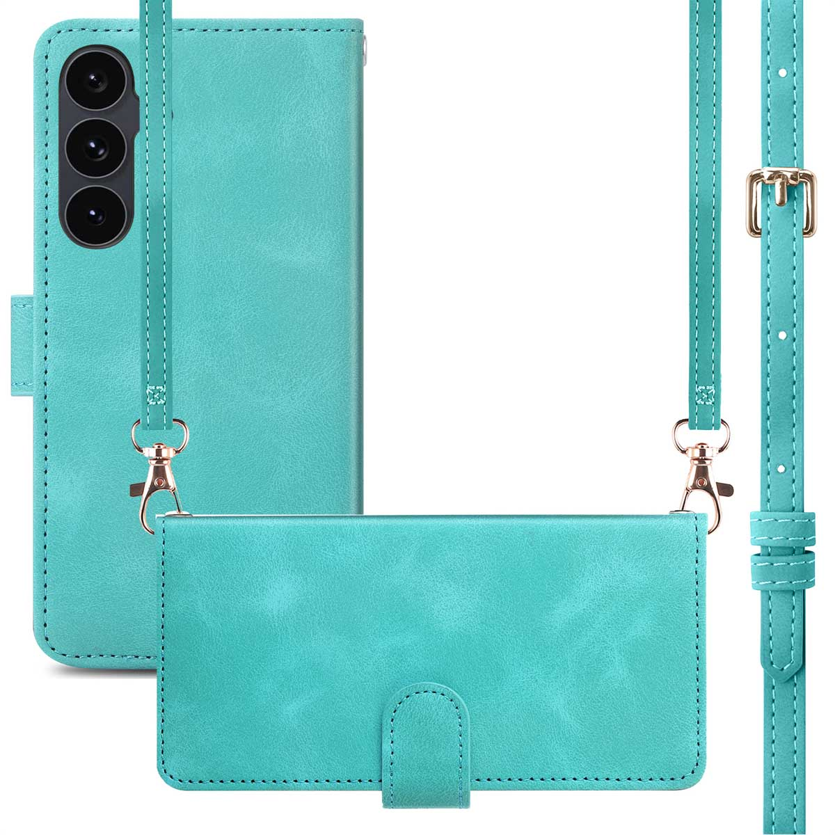 Une coque de téléphone turquoise avec une sangle amovible et une boucle dorée. Avec un rabat portefeuille.