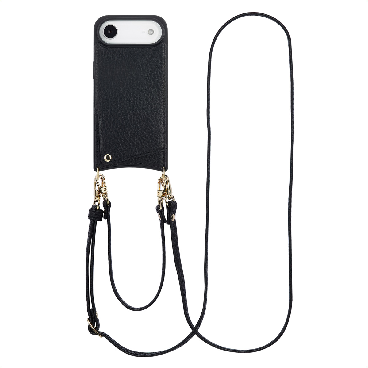 Coque de téléphone noire avec une sangle. La coque a un appareil photo et des fermoirs dorés, et une sangle noire. Fond blanc.