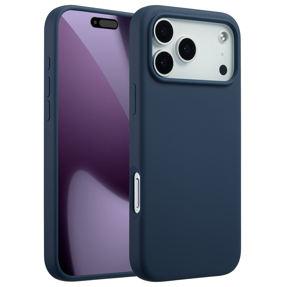 Een marineblauwe telefoonhoes naast een telefoon met een paars scherm. De hoes heeft een uitsparing voor de camera en knoppen.