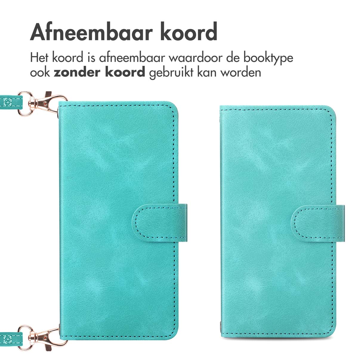 Deux étuis de téléphone turquoise, un avec une sangle attachée. Le texte ci-dessus indique 'Cordon détachable'. Les étuis peuvent être utilisés sans le cordon.