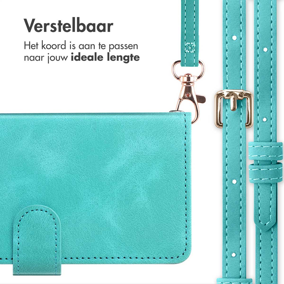 Un étui de téléphone turquoise avec une sangle réglable et une boucle et un fermoir dorés, sur fond blanc.