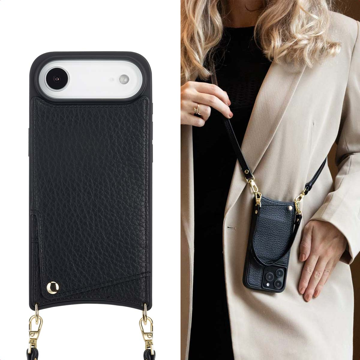 Une femme tient un étui de téléphone en cuir noir avec une sangle. L'étui est autour de son cou. Elle porte un blazer et un haut noir.