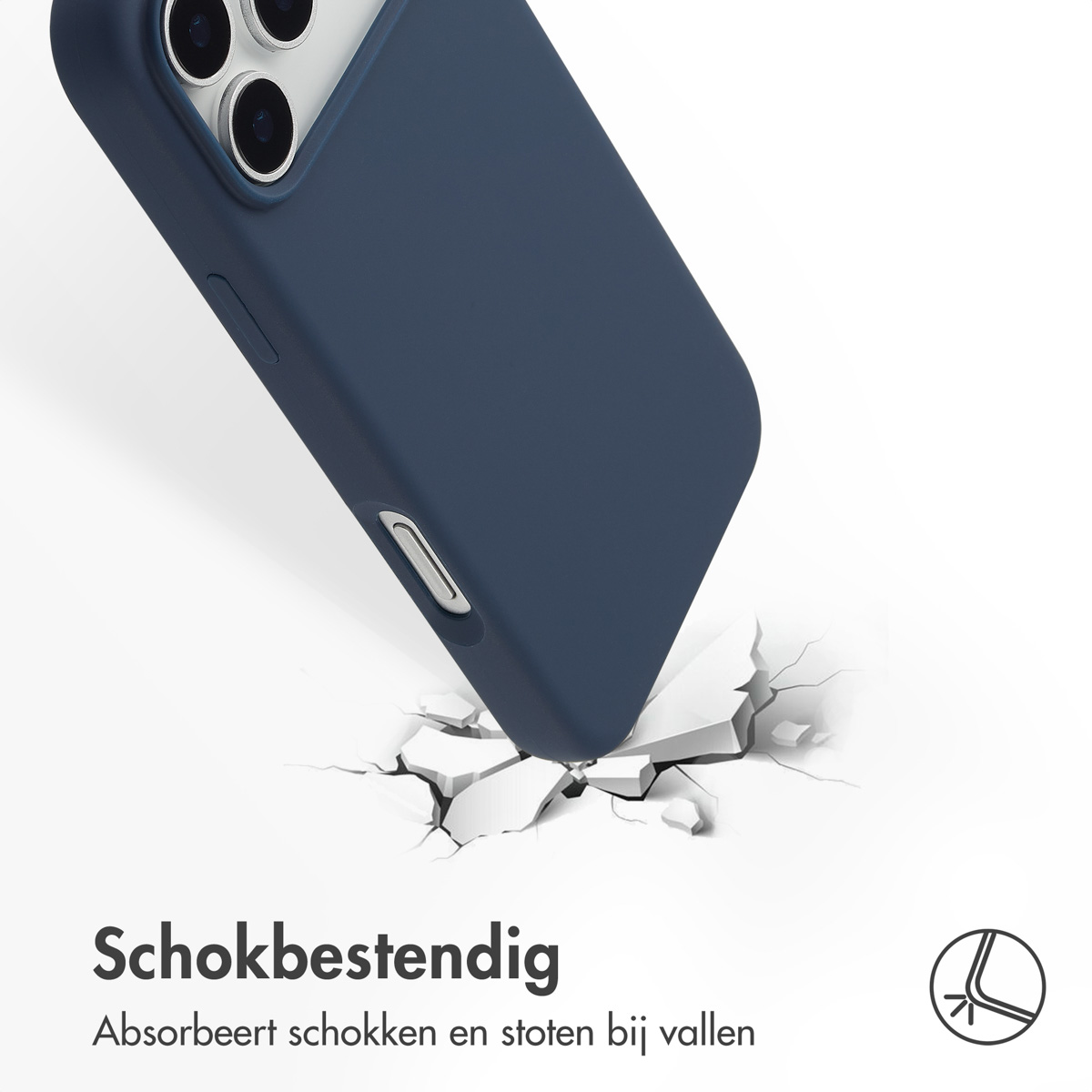 Een marineblauwe telefoonhoes stoot tegen een oppervlak, waardoor deze barst. De cameralenzen van de telefoon zijn zichtbaar. Tekst: 'Schokbestendig'.