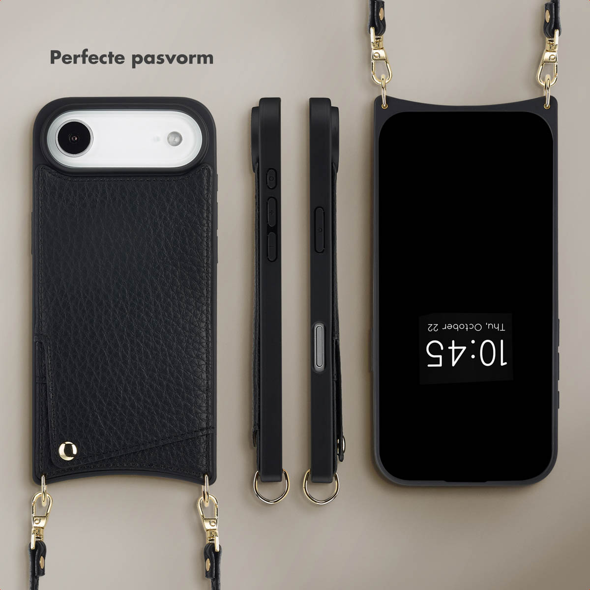 Des étuis de téléphone noirs et un téléphone avec un écran affichant 10h45. Les étuis ont des sangles et le texte 'Ajustement parfait' est visible.