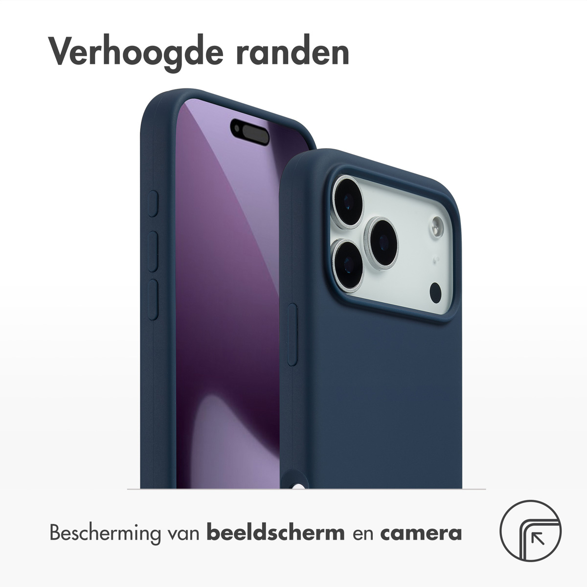 Twee marineblauwe telefoonhoesjes. Eén toont het scherm, de andere de achterkant met camera. Tekst: Verhoogde randen, scherm- en camerabescherming.