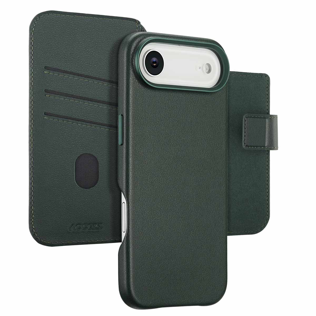 Una custodia per telefono in pelle verde scuro con funzione portafoglio, aperta, che rivela il telefono e le sezioni del portafoglio.