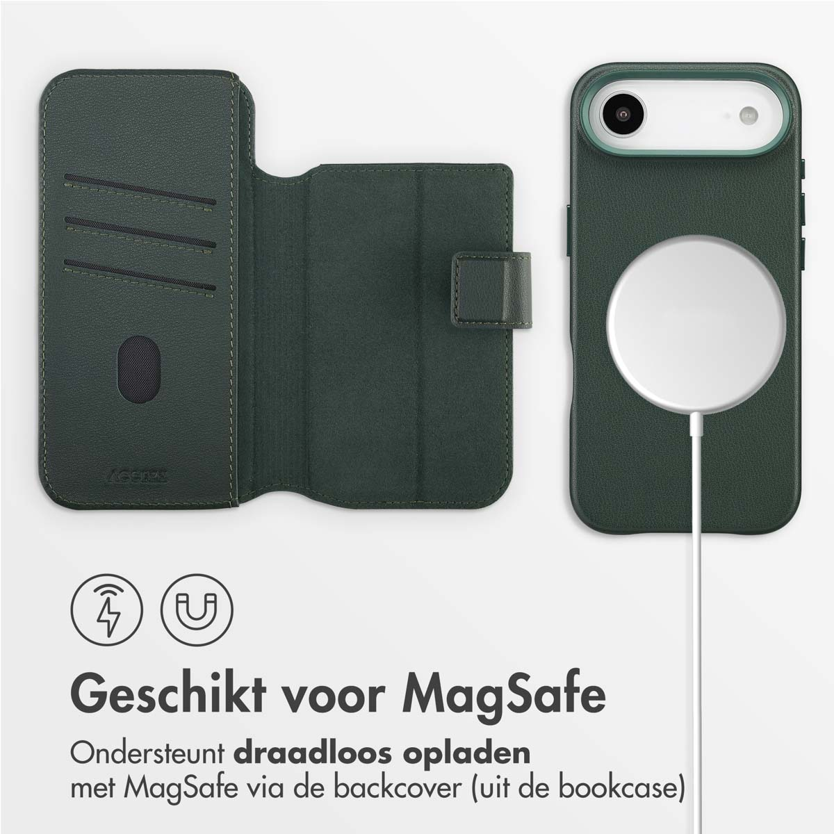 Custodia e portafoglio verdi con compatibilità MagSafe. Include ricarica wireless. Il testo dice: 'Adatto per MagSafe'.