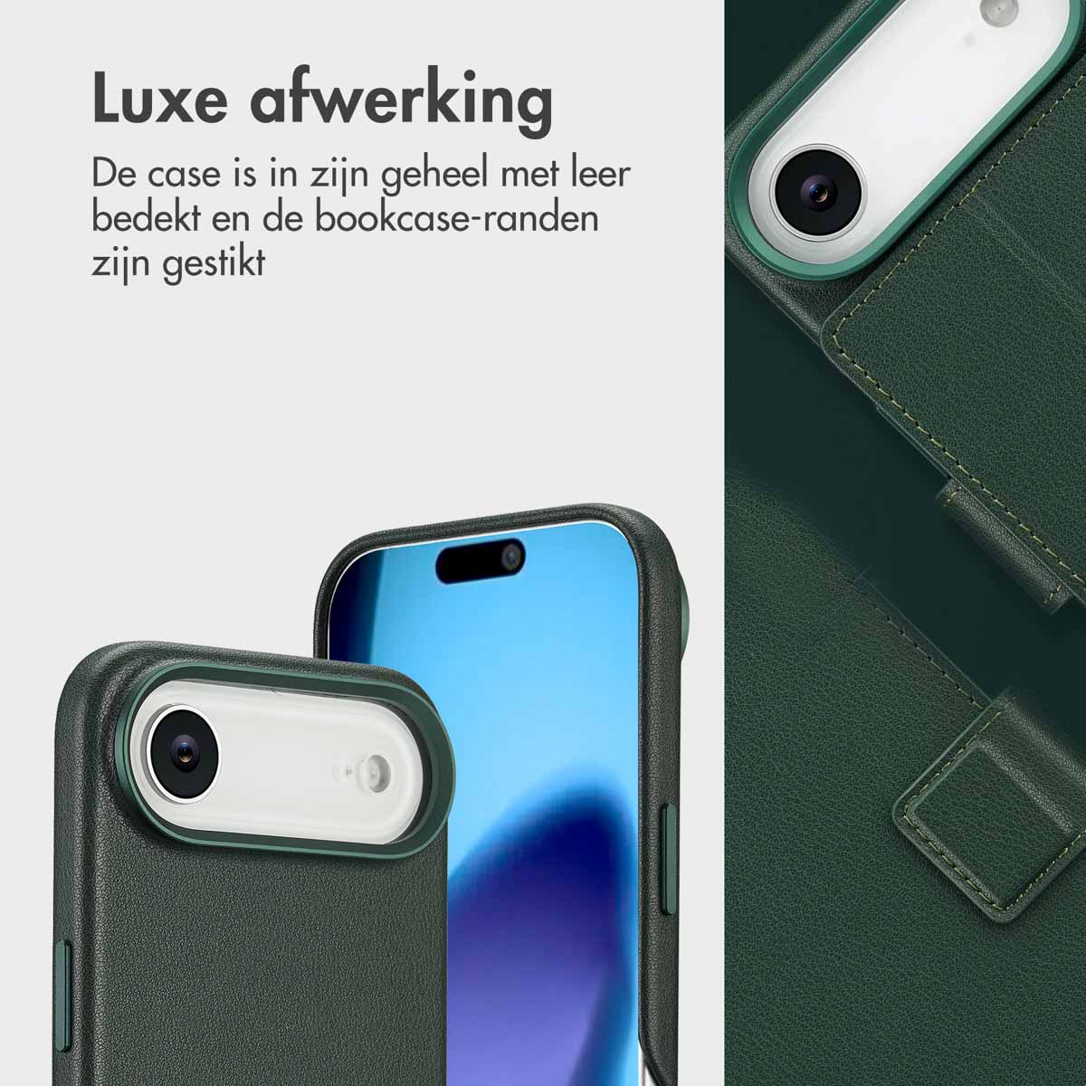 L'immagine mostra una custodia per telefono con texture in pelle. La fotocamera del telefono è visibile. Custodia e sfondo verdi. Testo olandese.