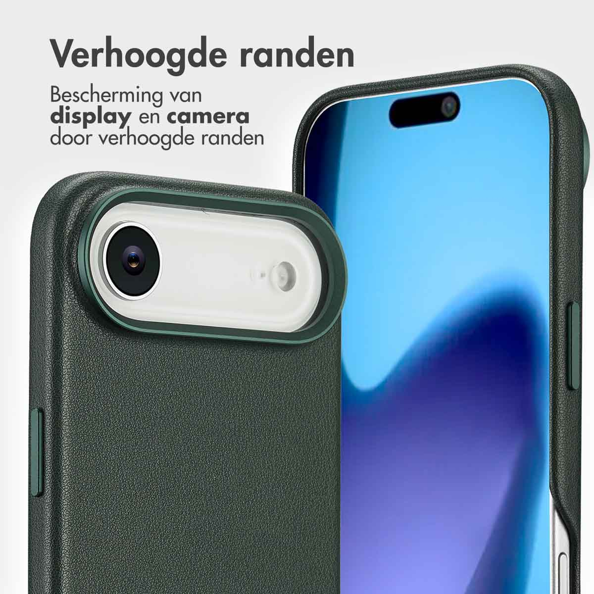Una custodia per telefono verde scuro protegge la fotocamera e lo schermo di uno smartphone con bordi rialzati. Lo schermo è blu.