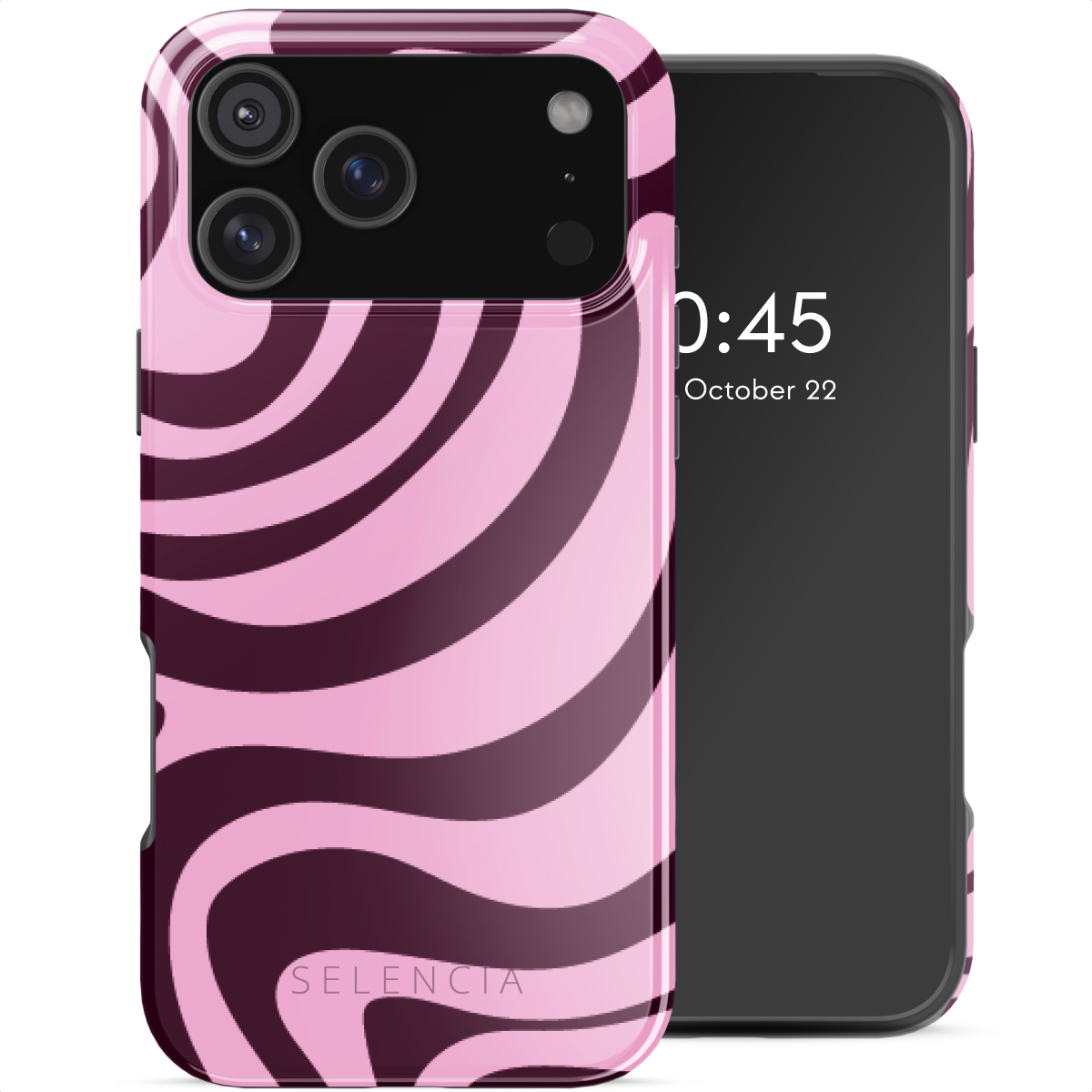Een smartphone in een roze en bordeaux golven patroon hoesje. Het scherm toont tijd en datum. Op het hoesje staat het woord SELENCIA.