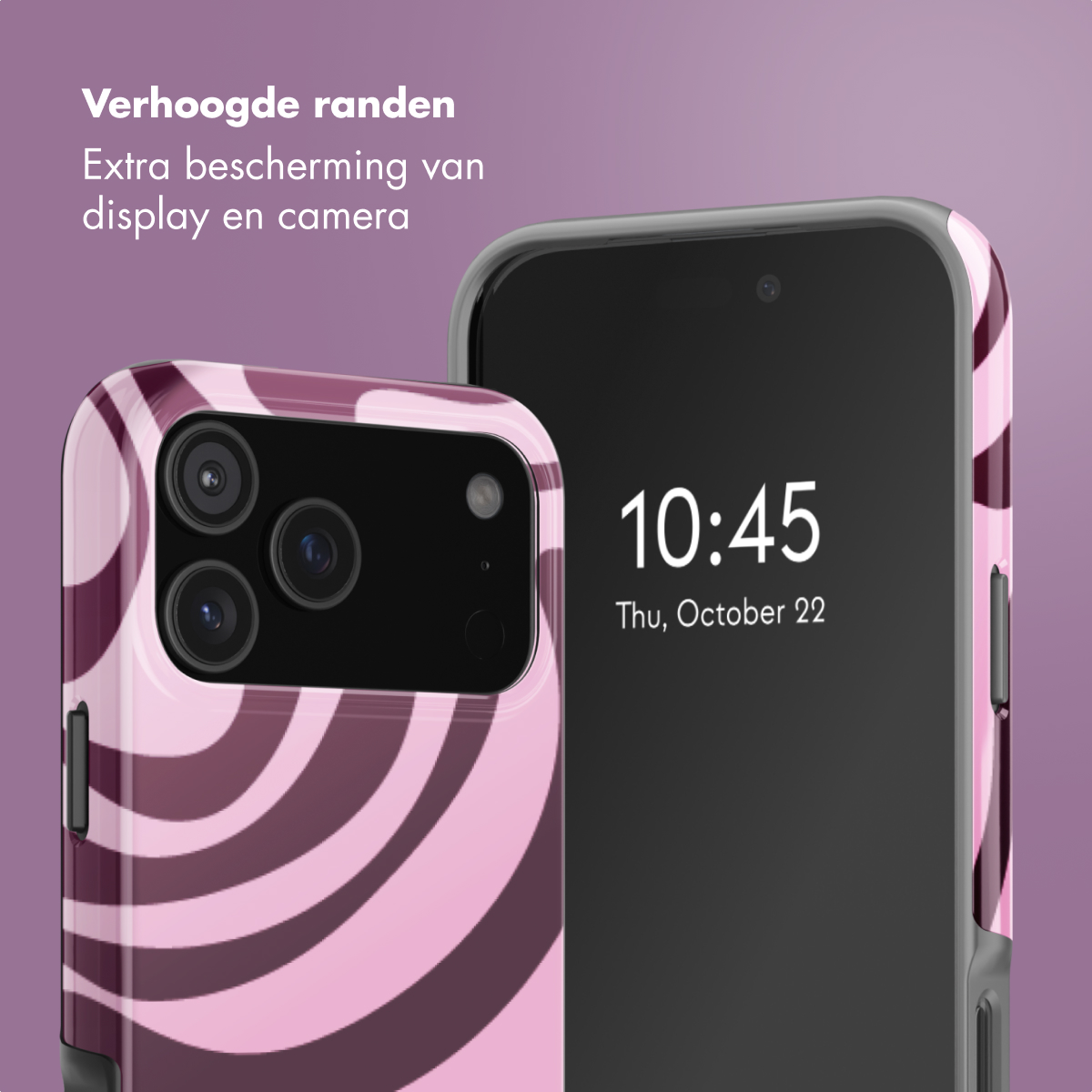 Twee smartphones. Eén met een roze en bruine wervelende telefoonhoes, de andere zwart, met de tijd: 10:45, donderdag 22 oktober.
