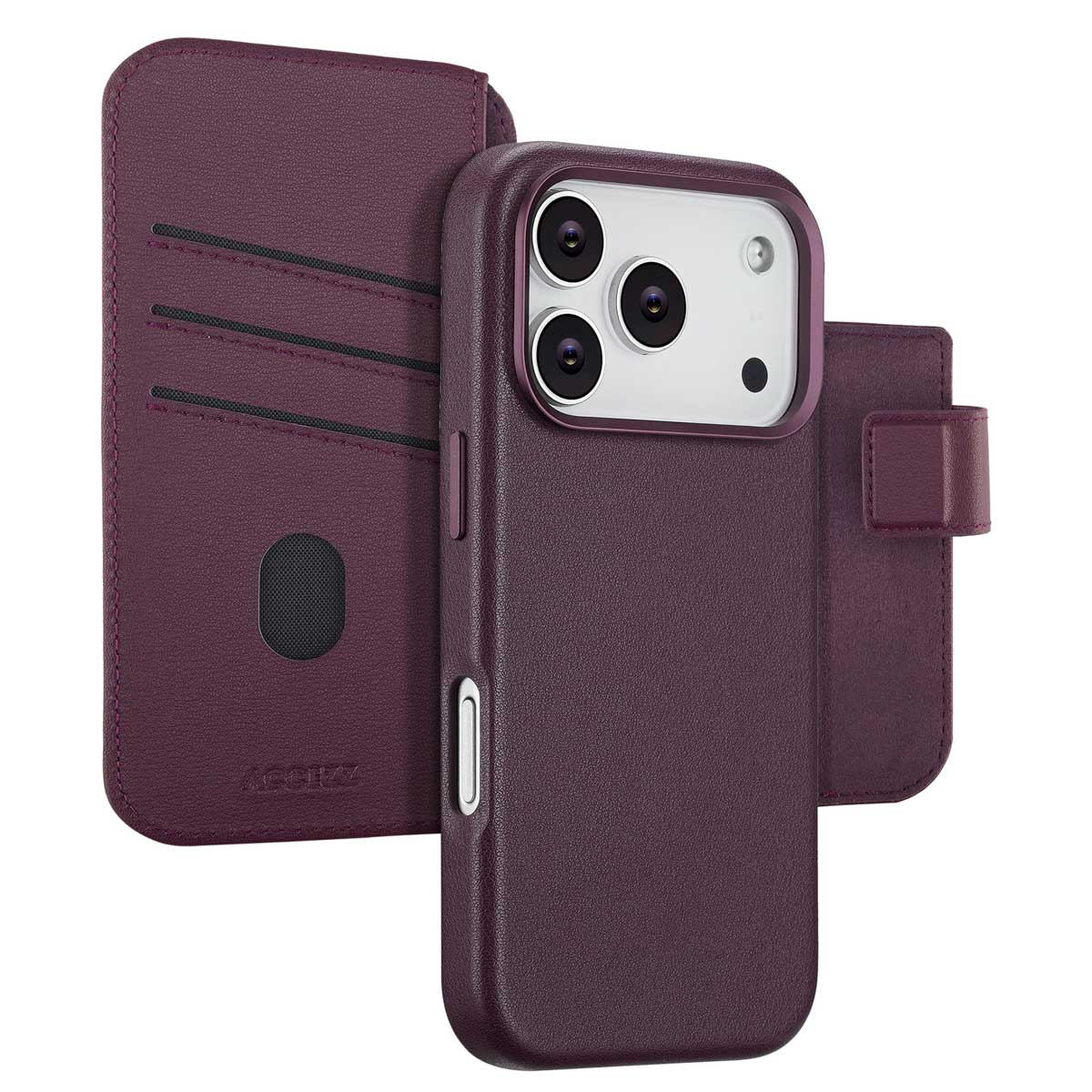 Un étui de téléphone en cuir bordeaux avec un portefeuille attaché. L'étui a une découpe pour l'appareil photo et une fermeture magnétique.