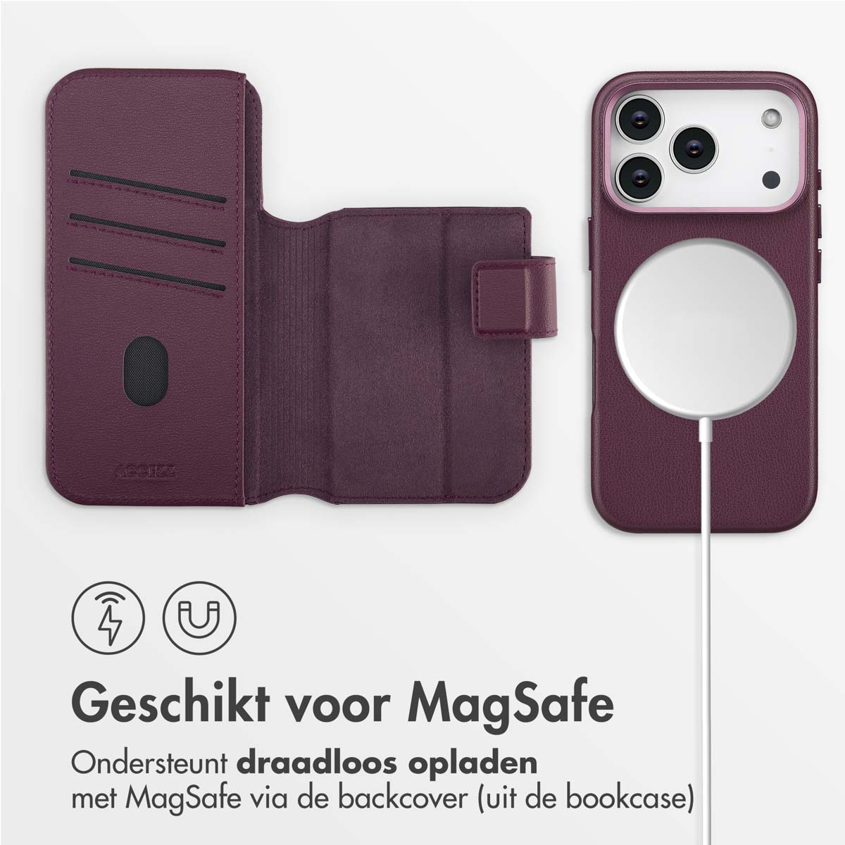 Un étui de téléphone violet et un téléphone connecté, avec un socle de chargement blanc. Texte : 'Geschikt voor MagSafe'. Prend en charge le chargement sans fil.