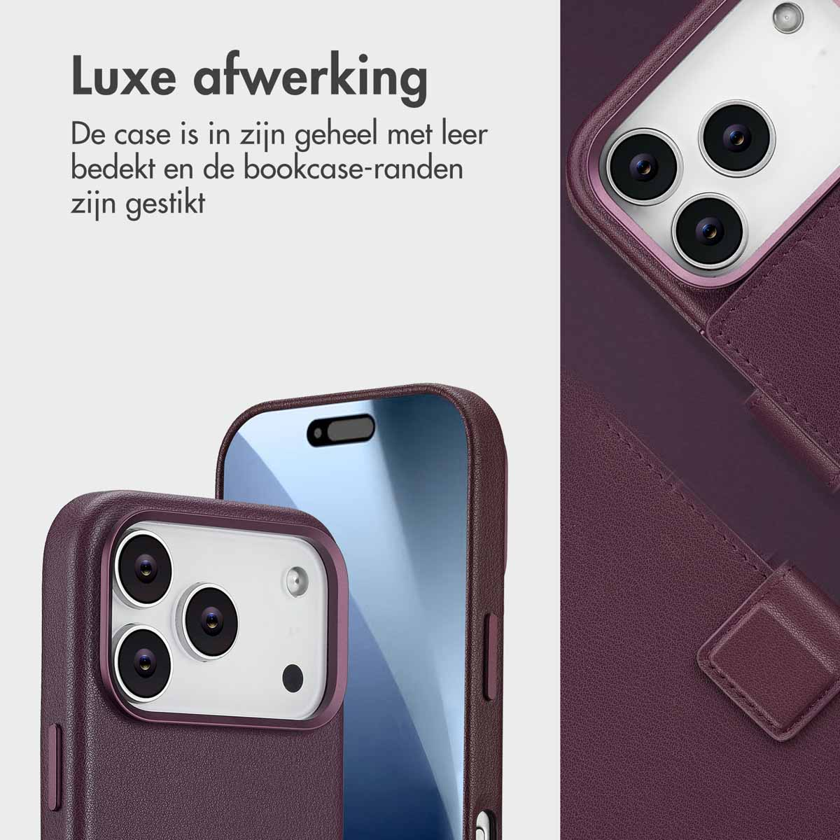 Gros plan sur un étui de téléphone violet foncé. L'étui est recouvert de cuir. Du texte est présent, présentant la finition luxueuse du produit.