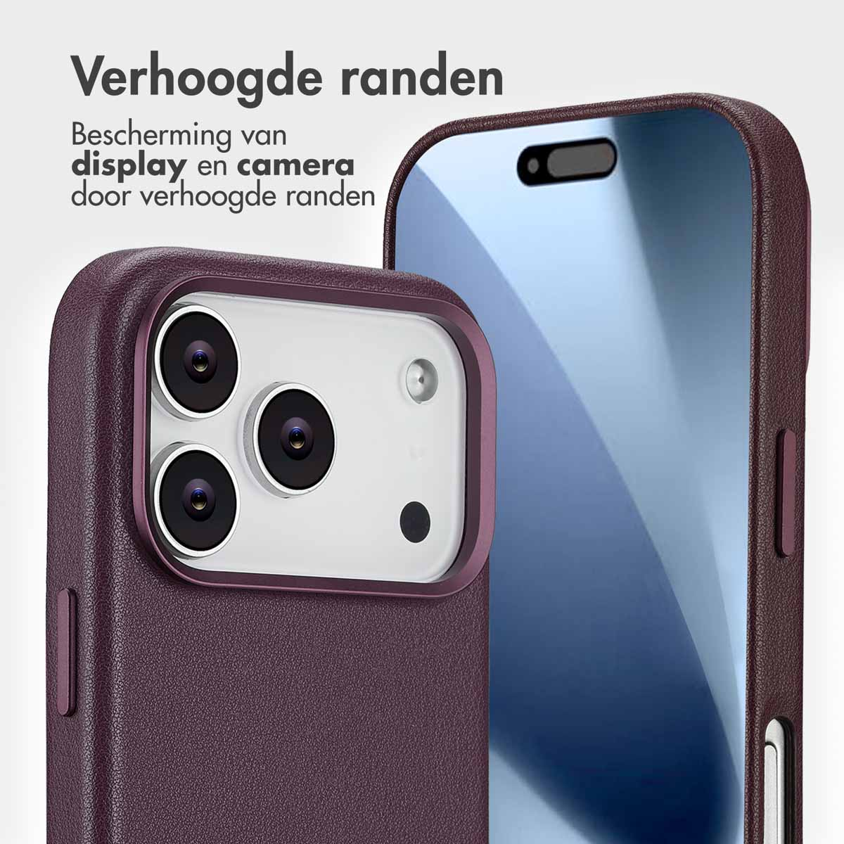 Gros plan d'un téléphone avec un étui violet. Le téléphone a trois objectifs de caméra et un protecteur d'écran. Texte en néerlandais : Verhoogde randen.