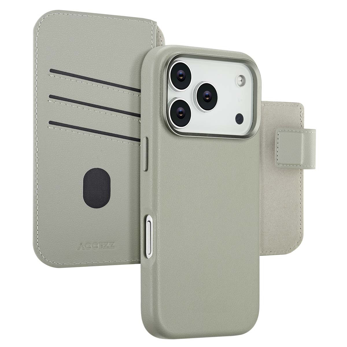 Un étui de téléphone gris clair avec une fonction portefeuille. Il possède un support pour téléphone, des fentes pour cartes et une fermeture magnétique. La marque est ACCEZZ.