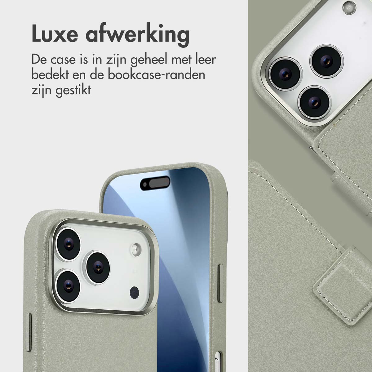 Gros plan sur un étui de téléphone avec une texture cuir. L'étui est vert clair, avec des coutures sur les bords et l'appareil photo.