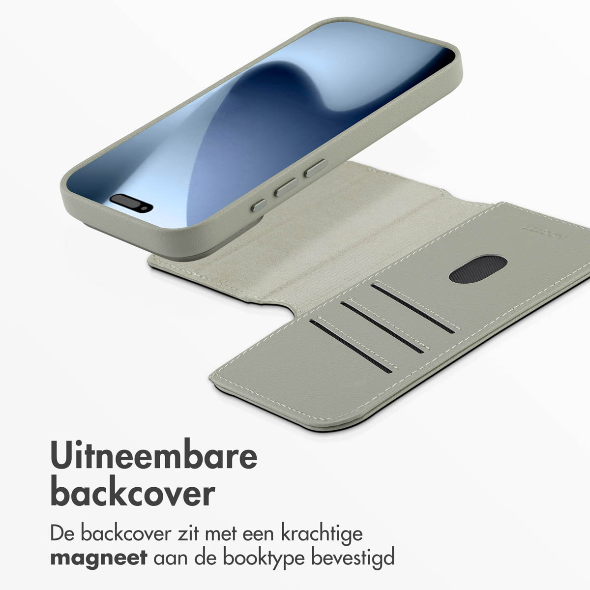 Un étui de téléphone gris clair avec un téléphone est présenté ouvert. Le texte ci-dessous indique 'Coque arrière amovible, fixation magnétique'.