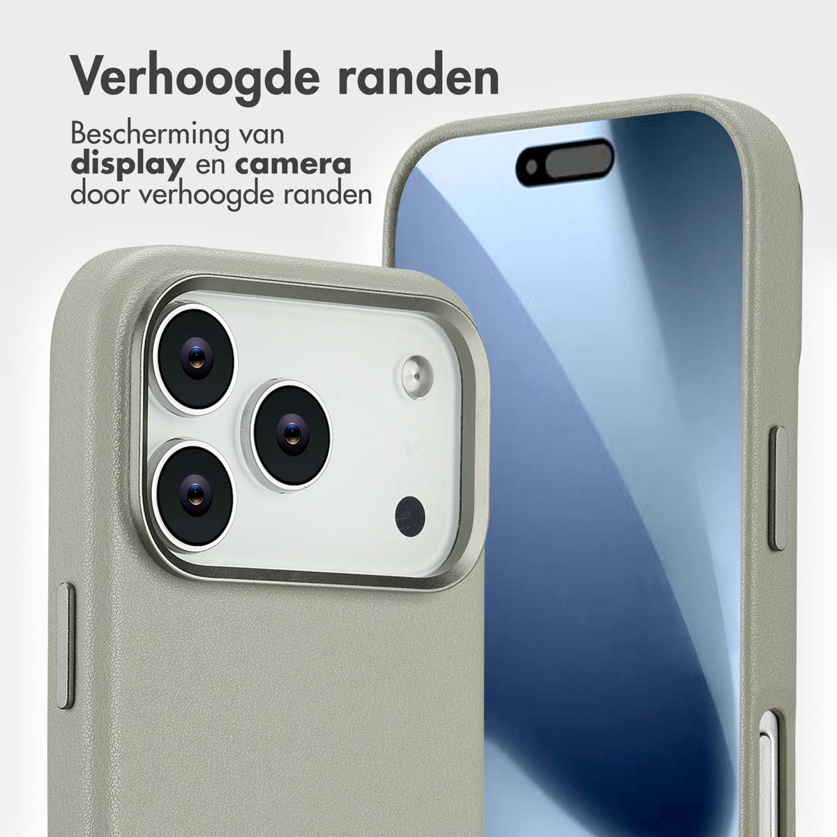 Gros plan d'une coque de téléphone, montrant la protection de l'appareil photo et de l'écran. L'étui gris entoure le téléphone, texte : 'Bords relevés'.
