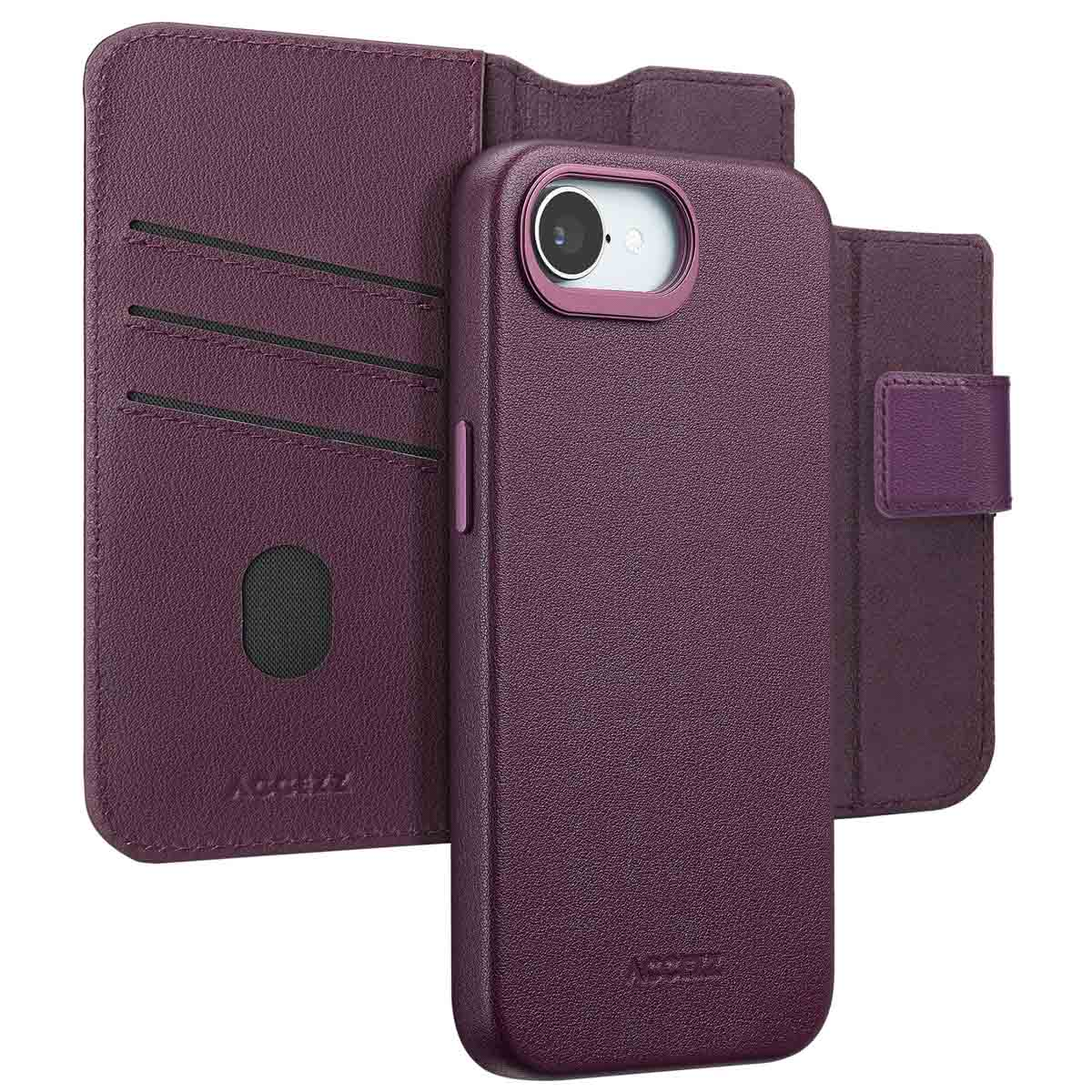 Viene mostrata una custodia per telefono viola con funzione portafoglio. Ha scomparti per carte e una chiusura magnetica. La custodia è aperta.