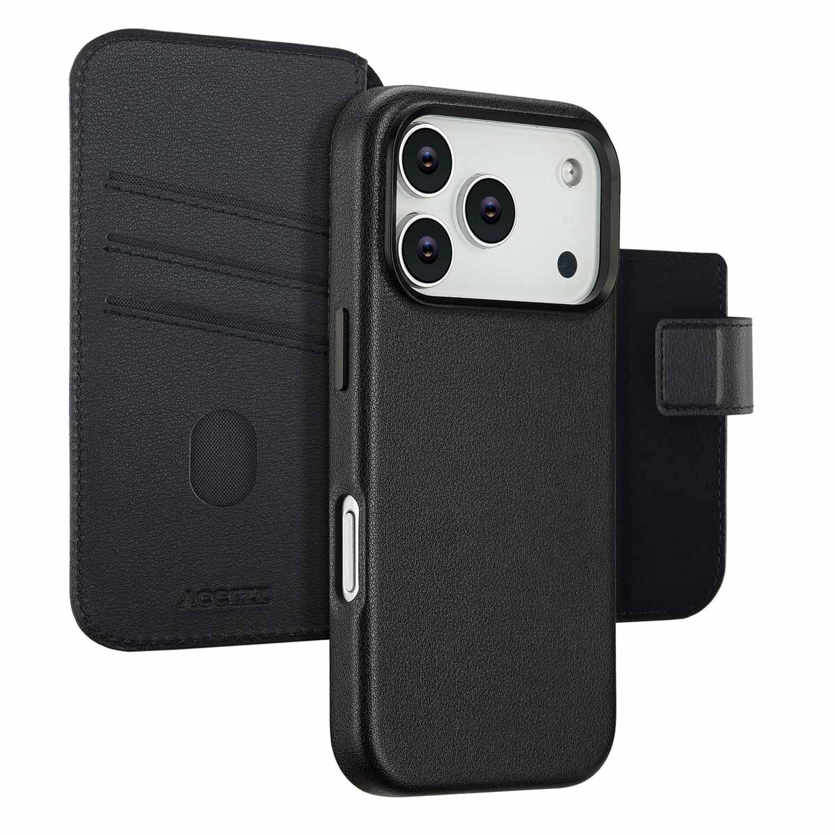 iPhone noir avec étui portefeuille. Le téléphone a trois caméras. L'étui a des fentes pour cartes et une fermeture magnétique.