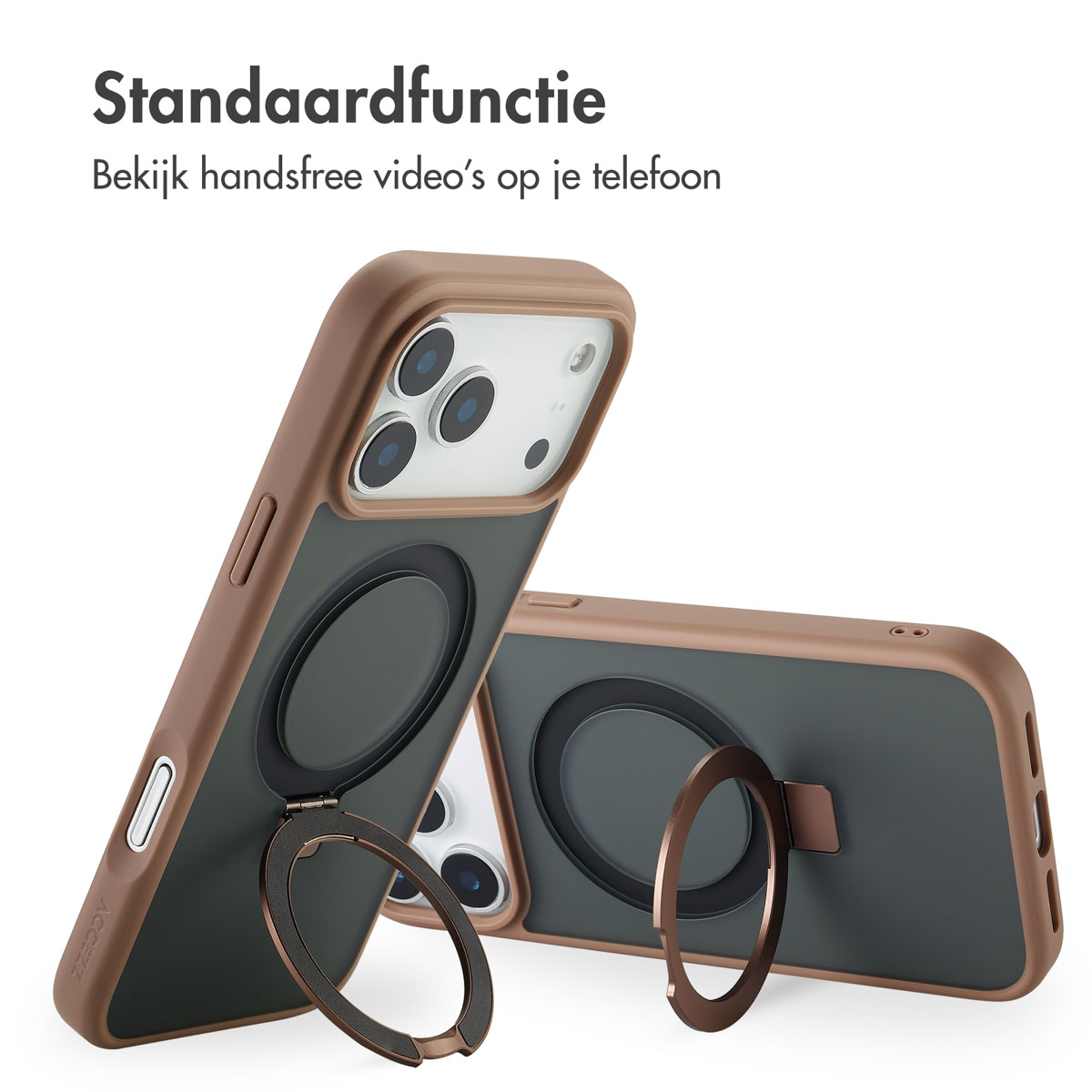 Deux coques de téléphone avec anneaux. Les coques sont marron et vertes, et les téléphones ont plusieurs objectifs. Texte en haut.