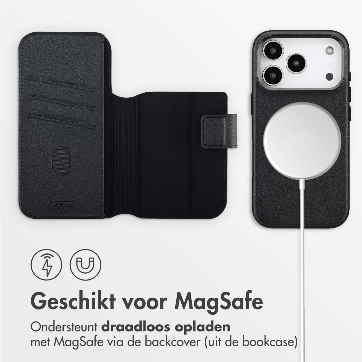 Coque de téléphone noire et étui portefeuille avec compatibilité MagSafe. Comprend des symboles de chargement et du texte en néerlandais.