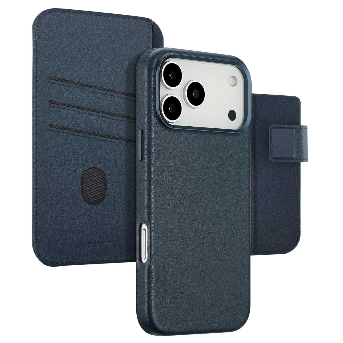 Een marineblauwe telefoonhoes met portemonnee-functie. De hoes is verbonden met een portemonnee met kaartsleuven.