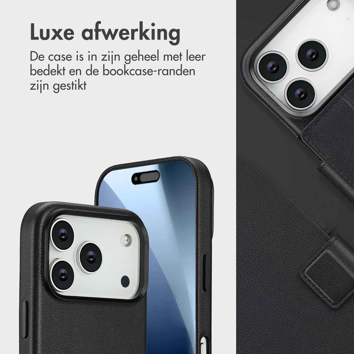Gros plan sur des étuis de téléphone noirs. L'un montre les détails de l'appareil photo, l'autre un étui fermé. Le fond est noir.