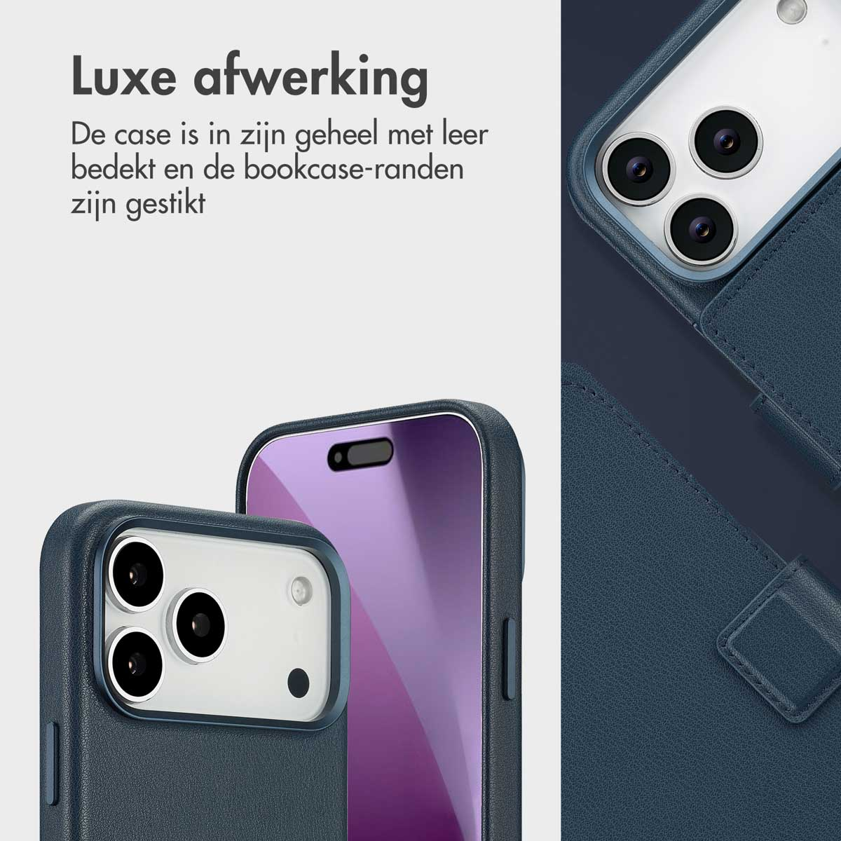 Close-up van een smartphone in een blauwe leren hoes. De hoes bedekt de randen en de achterkant, de camera is zichtbaar. De achtergrond is blauw.